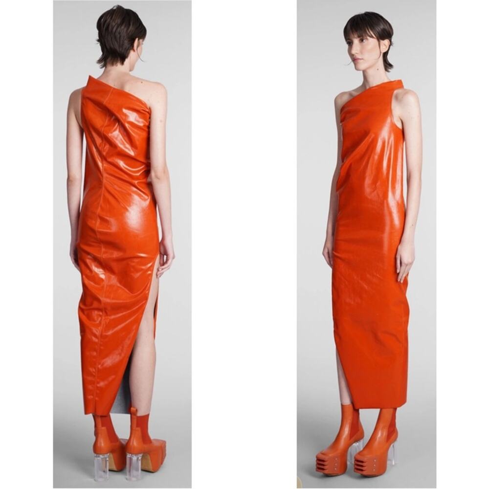 RICK OWENS Athena One Shoulder Coated Denim Bodycon Orange Midi Dress Size 6 - Picture 6 of 16